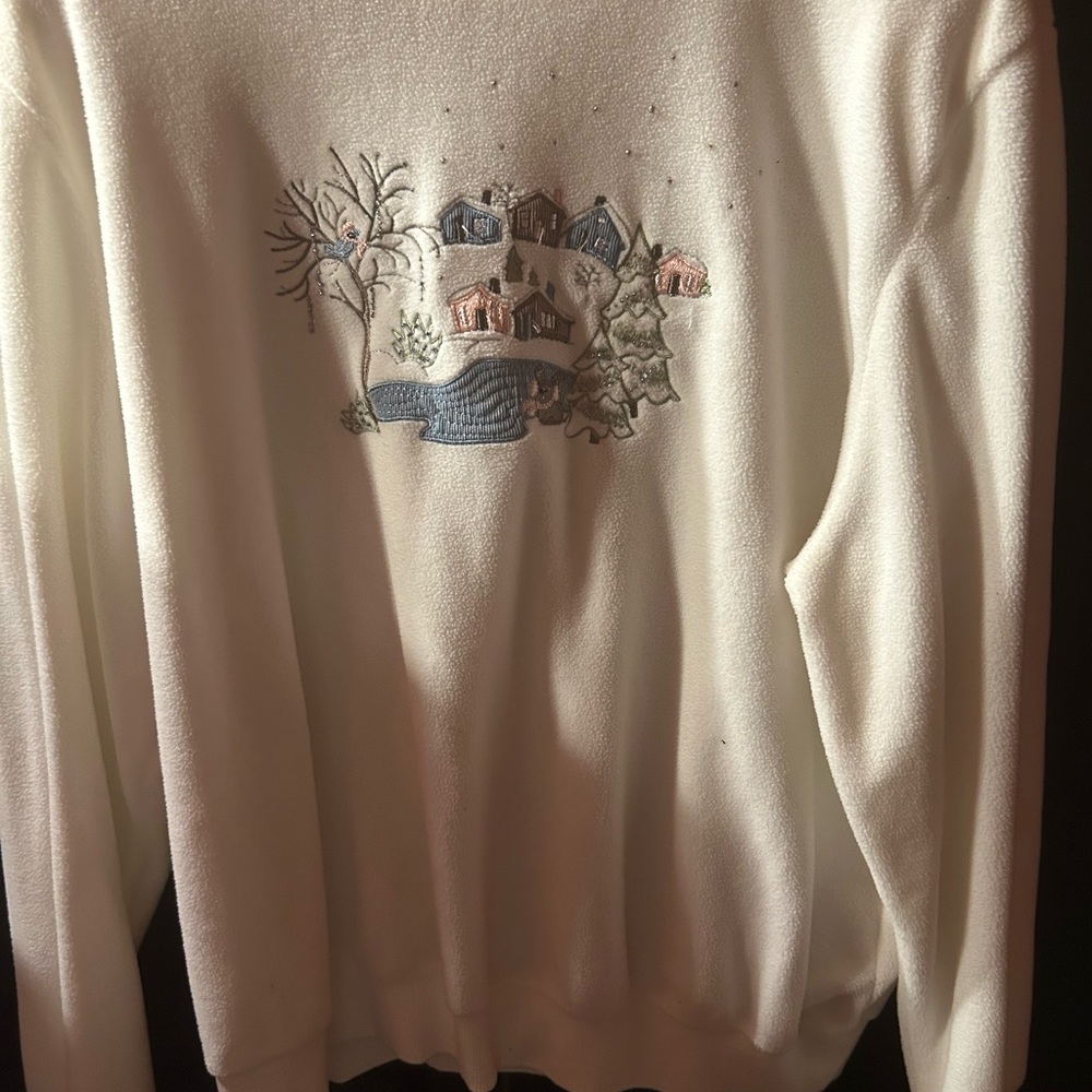 Alfred Dunner Cream ‘Dressy’ Fleece Sweatshirt  with Village Embroidery